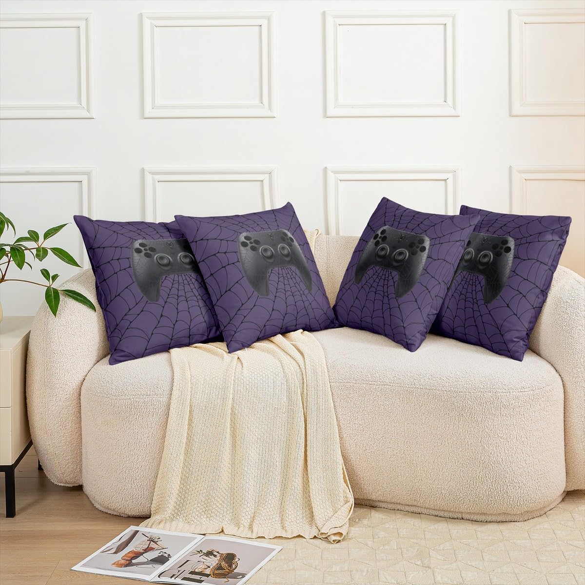 Game Console Pillow Cover 20x20 Inch,Boys Gaming Black Gamepad Print Cushion Cover for Office Living Room Halloween Spider Web Gamer Purple Pillow Case for Sofa Couch Reversible Print image 3