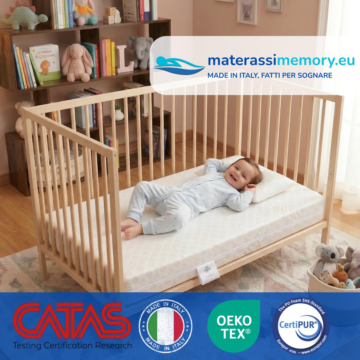 Materassimemory.eu Materasso per culla lettino BIMBO PLUS antisoffoco misura 60x120 cm alto 11 cm con rivestimento sfoderabile e lavabile in lavatrice con guanciale antisoffoco in omaggio.