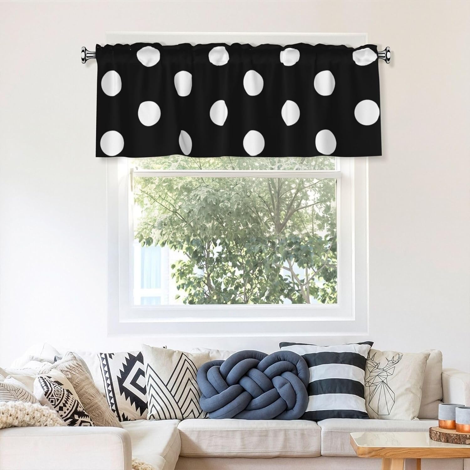Black White Polka Dot Valance for Windows, Valance Curtains Window Treatments Farmhouse Rod Pocket Short Curtain for Kitchen Living Room Bedroom, 54 x 18 Inch