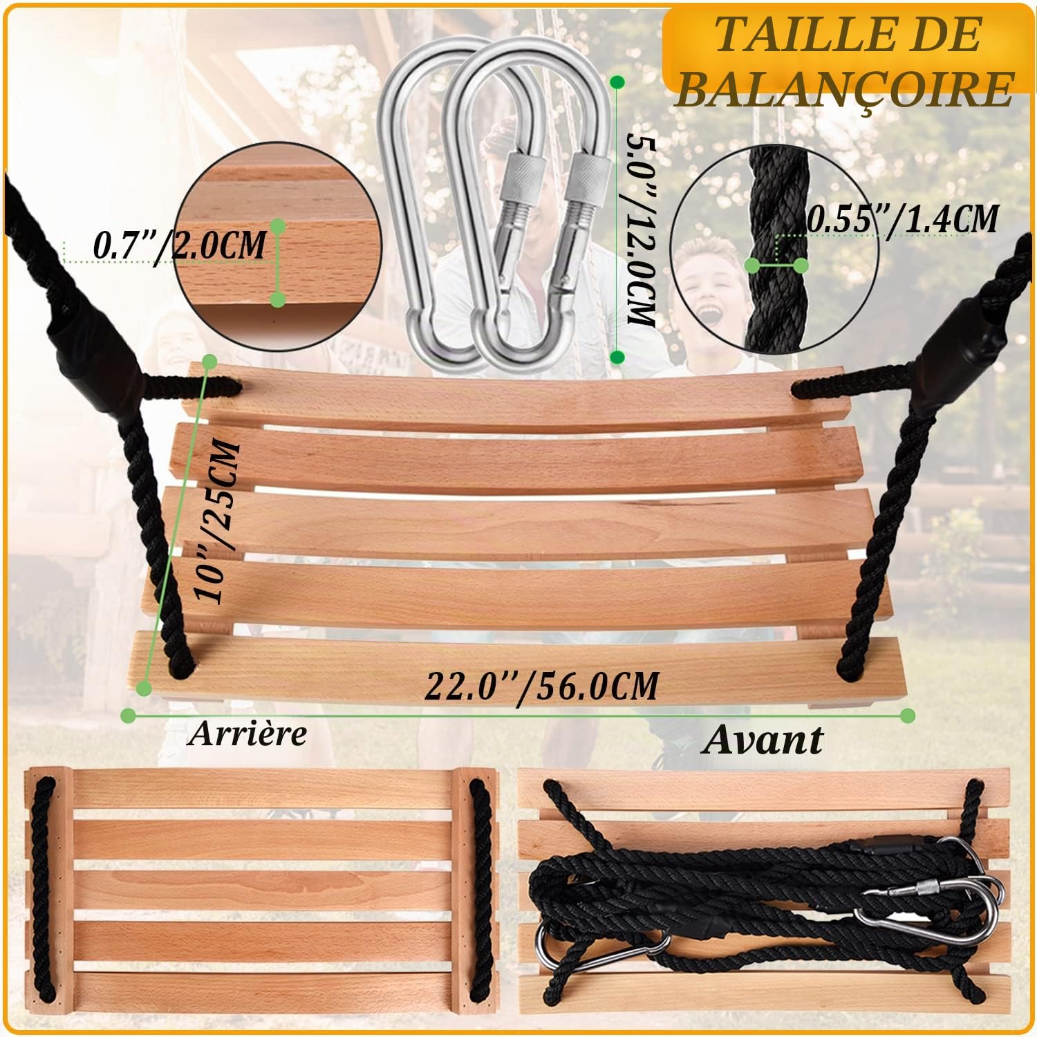Balançoire d'extérieur - Siège en bois pour tous âges - Aire de jeux avec corde de chanvre ajustable (56 x 25 cm)