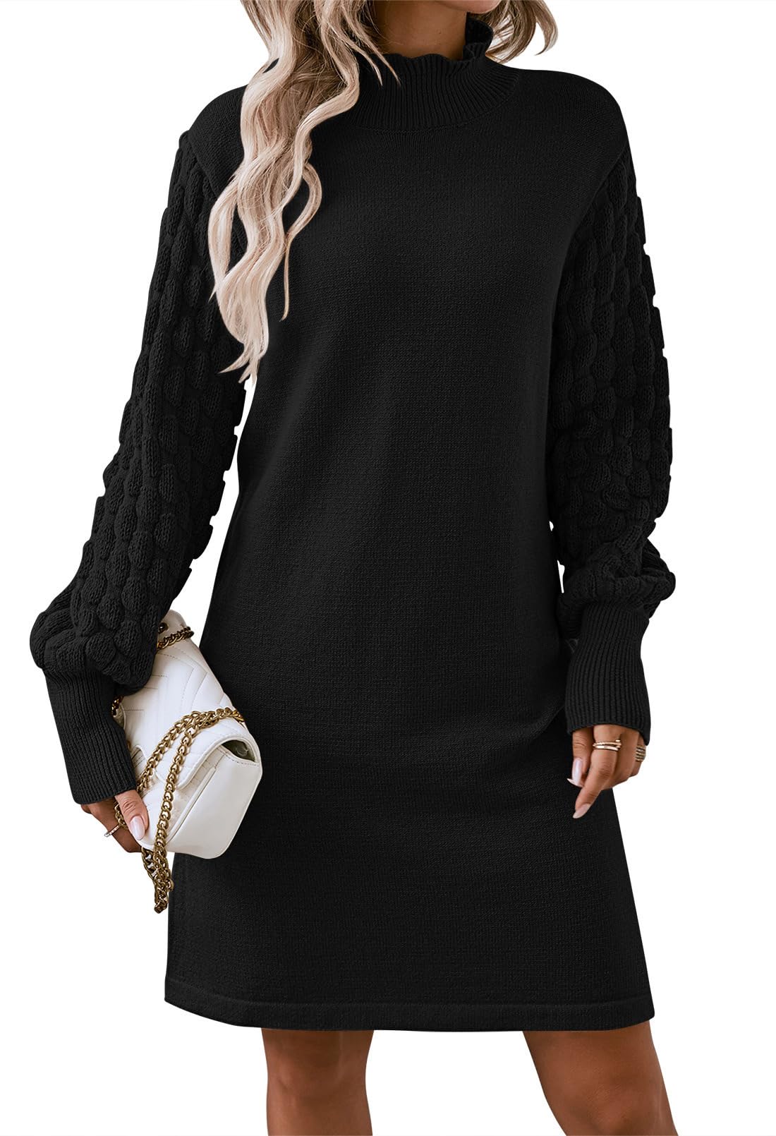 Sovoyontee Womens 2025 Fall Long Sleeve Mock Neck Sweater Dress Casual Loose Ribbed Knit Mini Short Pullover Dresses