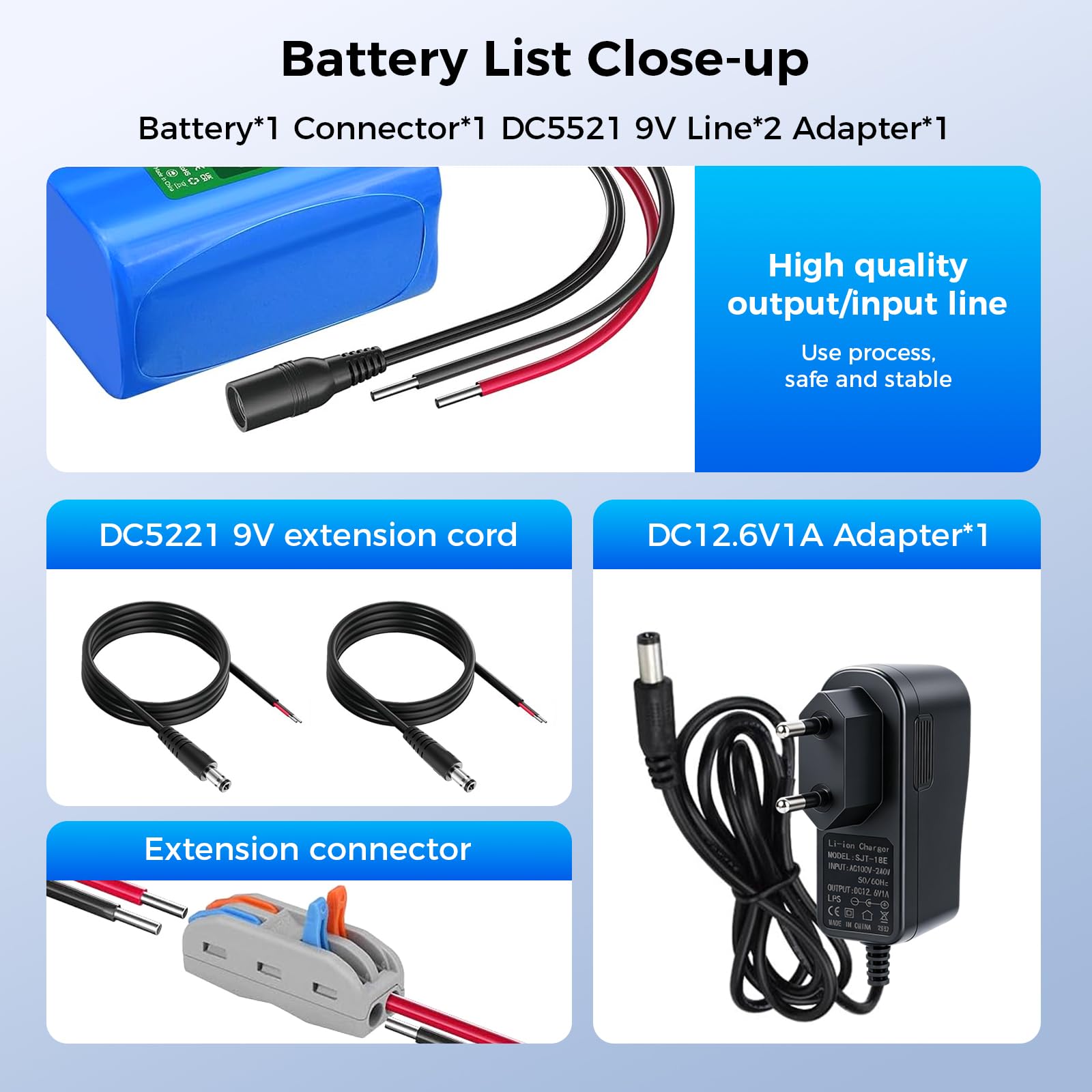Batterie Lithium-ION 12,6 V 5600 mAh avec Chargeur et 2 Lignes de Connexion pour Panneau Solaire, Radio, appareils Photo, caméscopes, Orgue électronique, Lampe de Lecture DIY, Sonar