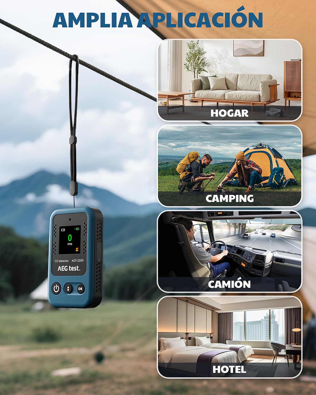 AGT-2309 Detector portátil de monóxido de Carbono, autonomía de 15 días, Mini medidor CO Recargable con cordón para Viajes y Camping, alertas sonoras y visuales, 0–1000 ppm – Azul