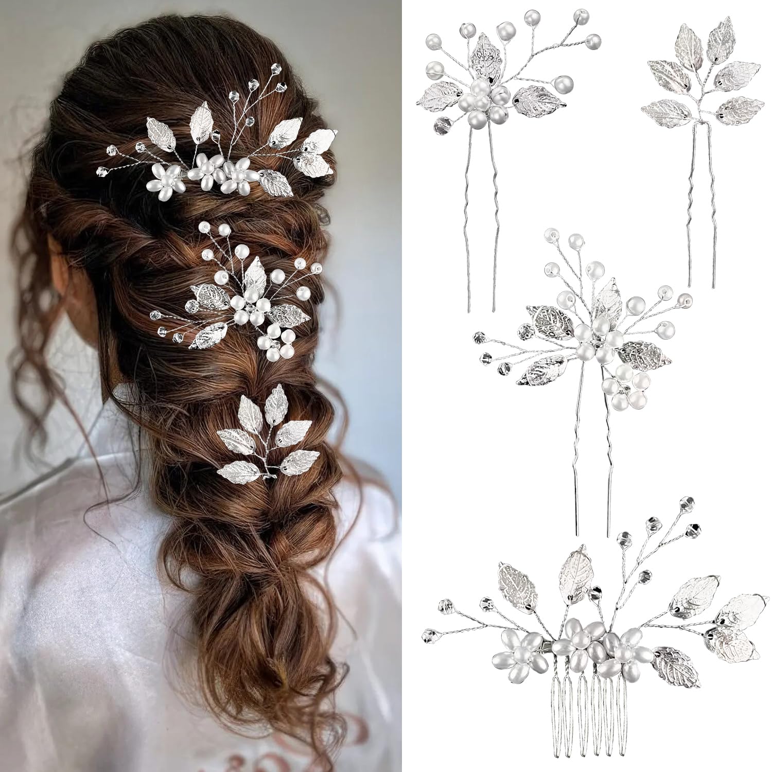 VLYX 4 Pcs Pearl Bridal Hair Clip with Floral Comb, Adjustable Crystal Rhinestone Headpiece