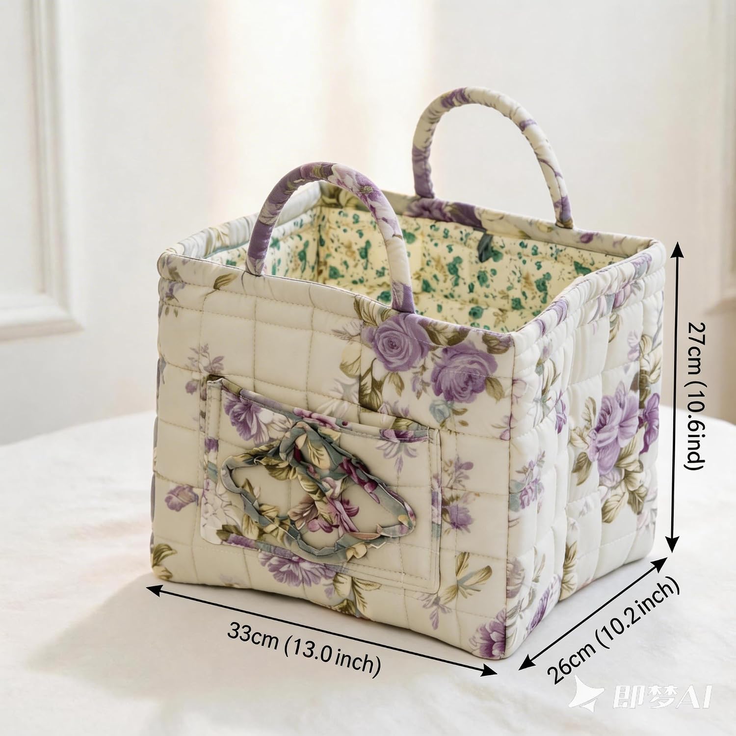 Quilted Basket with Handles, Foldable Quilted Storage Basket, Large Capacity Quilted Laundry Basket with Pocket & Bow, Decorative Organizer for Bedroom, Laundry Room