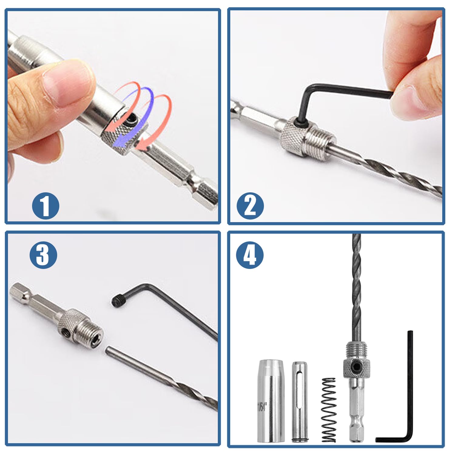 Treki 4PCS Self Centering Drill Bit Set 1/4" Hex Shank Self Centering Hinge Drill Bits HSS Door Center Hinge Hole Drill Bit for Woodworking Window Cabinet (5/64" 7/64" 9/64"11/64") with 1 Hex Wrench - Image 2