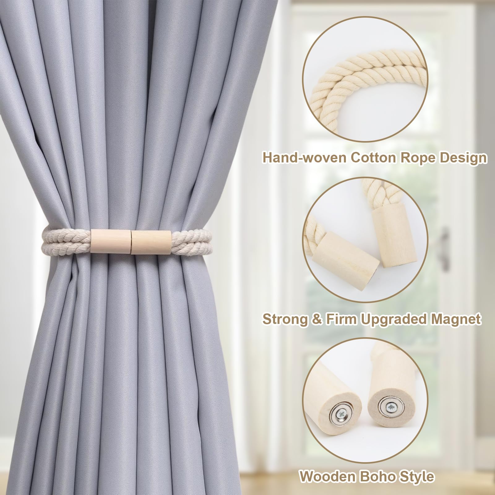 Attaches Rideau Magnétiques - Lot De 4, 50 Cm, Beige, En Coton/lin Avec Aimants - 10