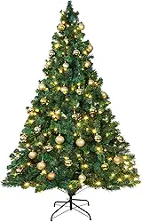 Árvore de Natal artificial de 1,5 m com 150 luzes de LED brancas quentes, 24 enfeites de bola dourada, árvore de Natal verde falsa com suporte de metal para decoração de festa de Natal e uso interno e