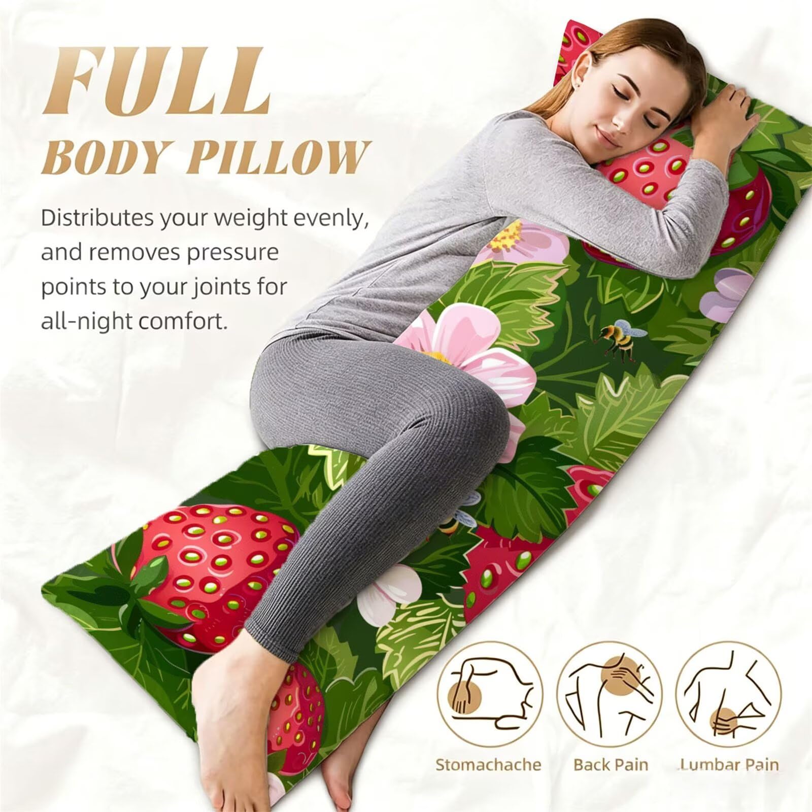 Funda de Almohada 60 x 180 cm Verde Protector Almohada 180 cm con Cremallera Invisible, Lino Durable y Transpirable Pillow Case Largas Fresa Impresión a Doble Cara para Cama, Sofá y Dormitorio dg-620