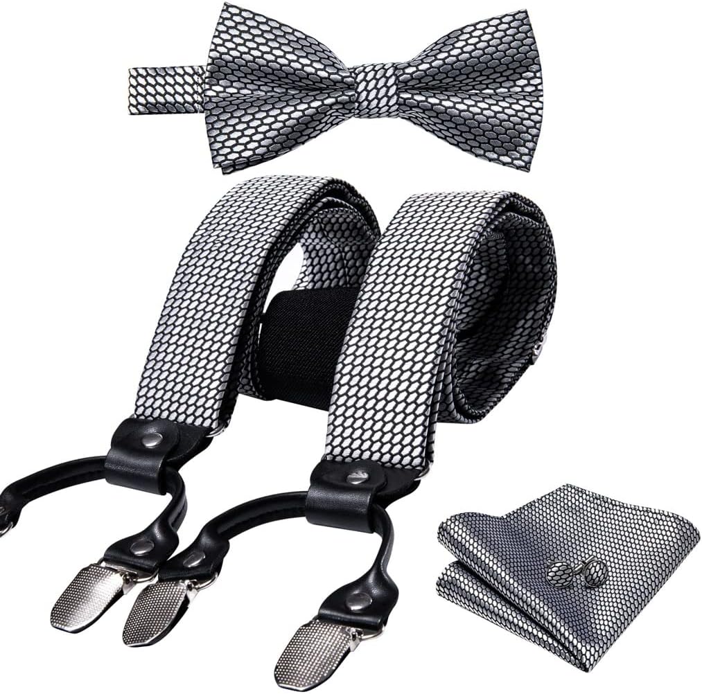 Silk Bowtie Tie 6 Clips Waist Belt Braces Vintage Elastic Wedding Suspenders Men Suspender Set