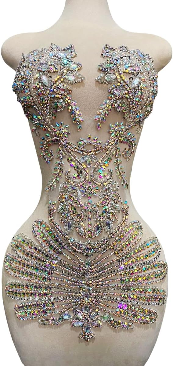 Pure Handmade Beads Rhinestones lace Applique Bodice Patches Trimming sew on Sequins Stones Beads Shining Heavy Decoration for Wedding Dress DIY Accessories 14.5X24.8inches (Gold)
