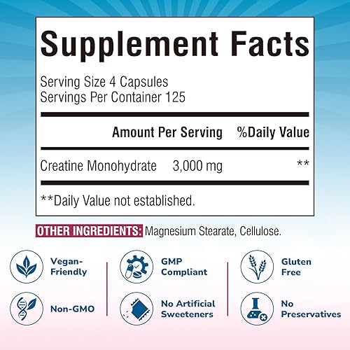 Miniatura 2 de Monohidrato de creatina 3000 mg, micronizado, mayor fuerza, resistencia mejorada, energía celular y soporte de función cognitiva, sin OMG, sin