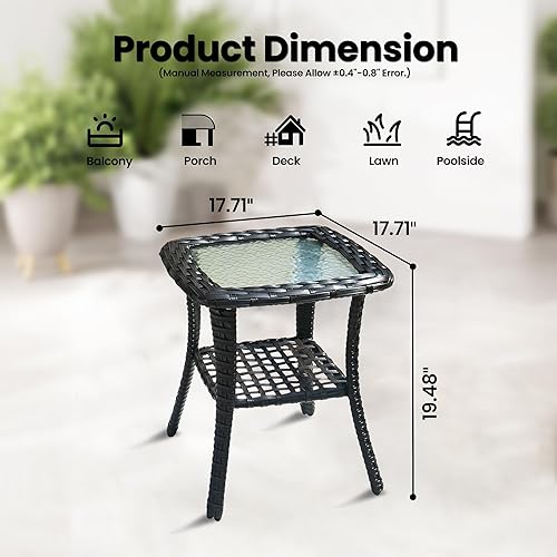 Miniatura 3 de OVIOS Mesa de centro de mimbre de ratán para exteriores con parte superior de cristal, mesa auxiliar para exteriores, balcón, terraza, mimbre marrón