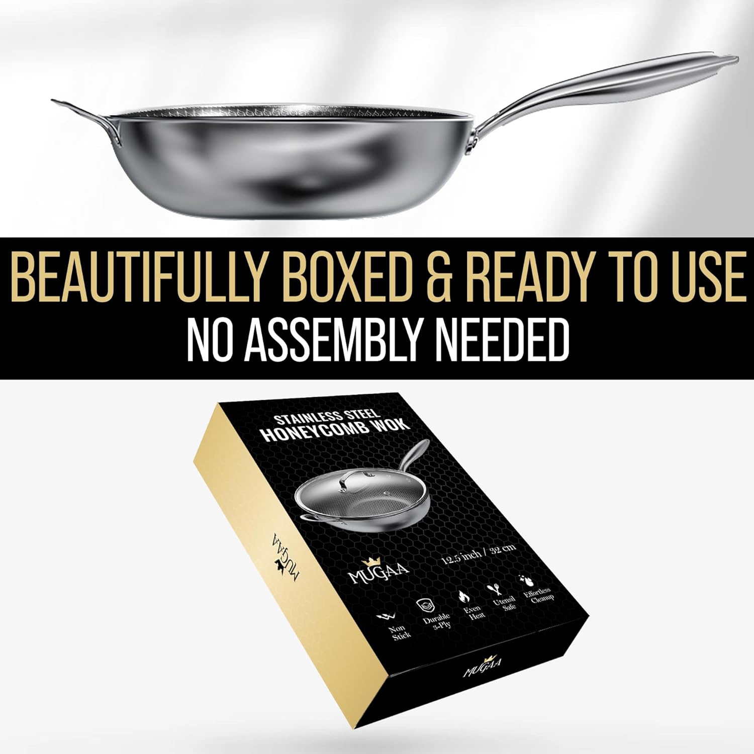 Woks & Stir-Fry Pans Nonstick, 12.5" Stainless Steel Wok with Lid | Tri-Ply Honeycomb Hybrid Stir Fry Wok Pan | Induction & Oven Safe | Dishwasher Safe - Image 5