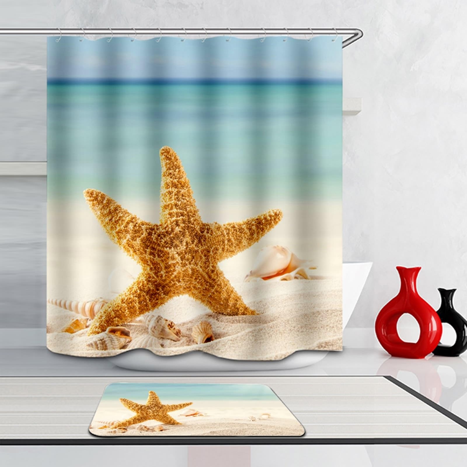 Cortina de ducha impermeable de tela textil, 150 x 200 cm, marrón, diseño de estrella de mar, cortina de baño, poliéster, antimoho, impermeable y de secado rápido, tela de alta calidad