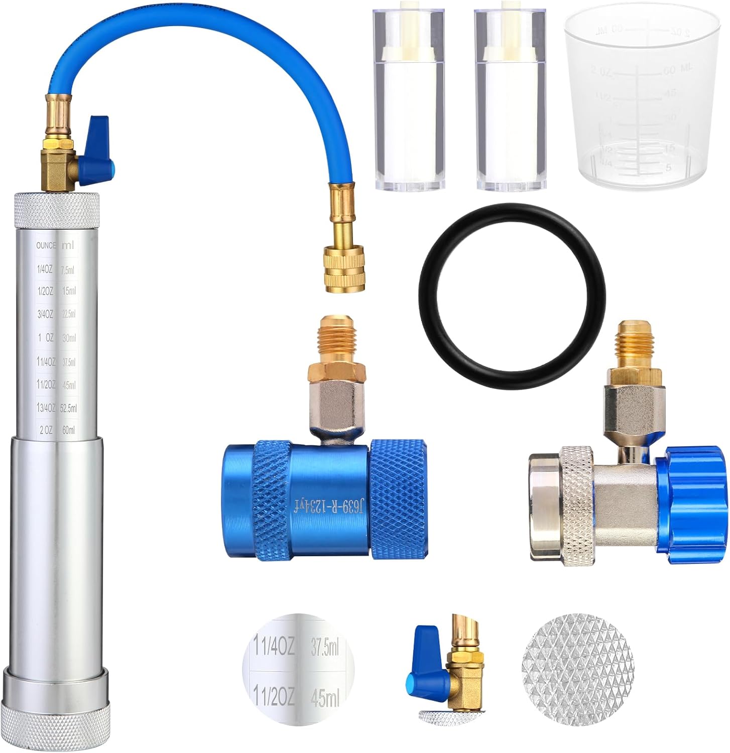 Wells R134A & R1234YF AC Oil Dye Injector Kit, AC Dye Injector with Shut-Off Valve with Adjustable R134A & R1234YF Quick Coupler 2 Oil Checkers 1 oz Measuring Cup