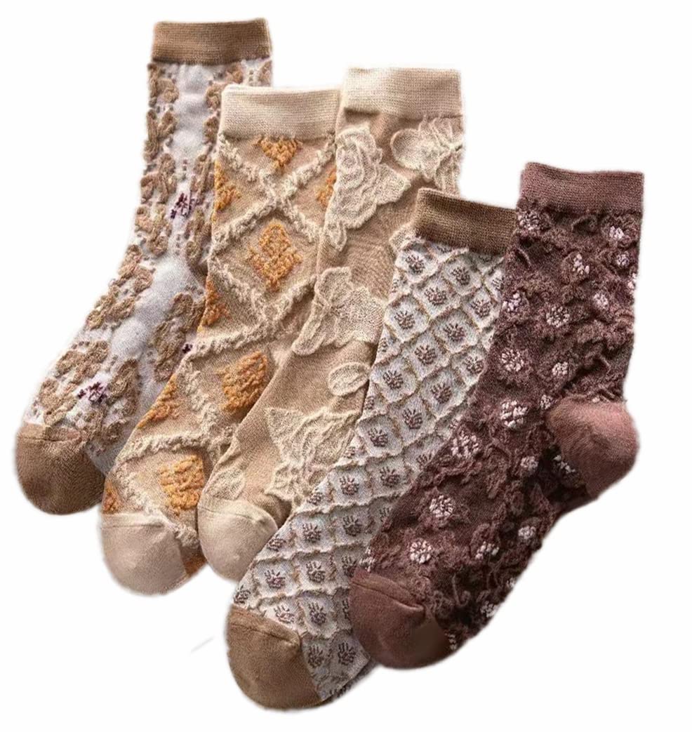 CRETUAO 5 Pairs Kawaii Socks, Cute Flower 3D Textured Cotton Socks, Women Mid Tube Lace Ruffles Ankle Sock, Soft Breathable Crew Sock for Girl,Khaki