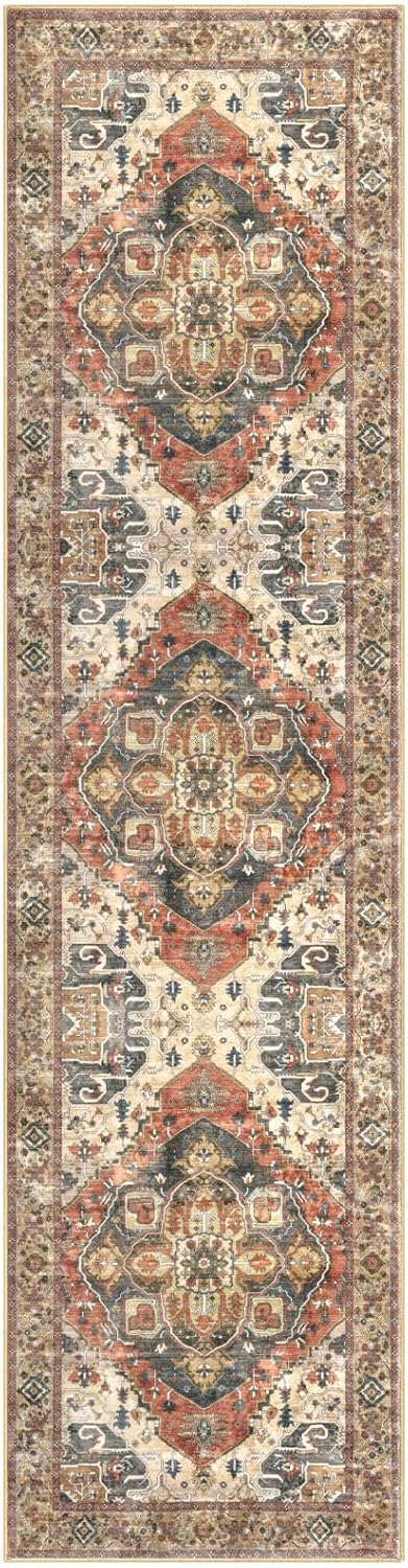 SIILOOM 2x7 Washable Runner Rug for Hallways, Terracotta Soft Classic Kitchen Rugs with Non-Slip, Non-Shedding Boho Rug for Hallways Entryway Bedroom Bathroom Laundry Indoor