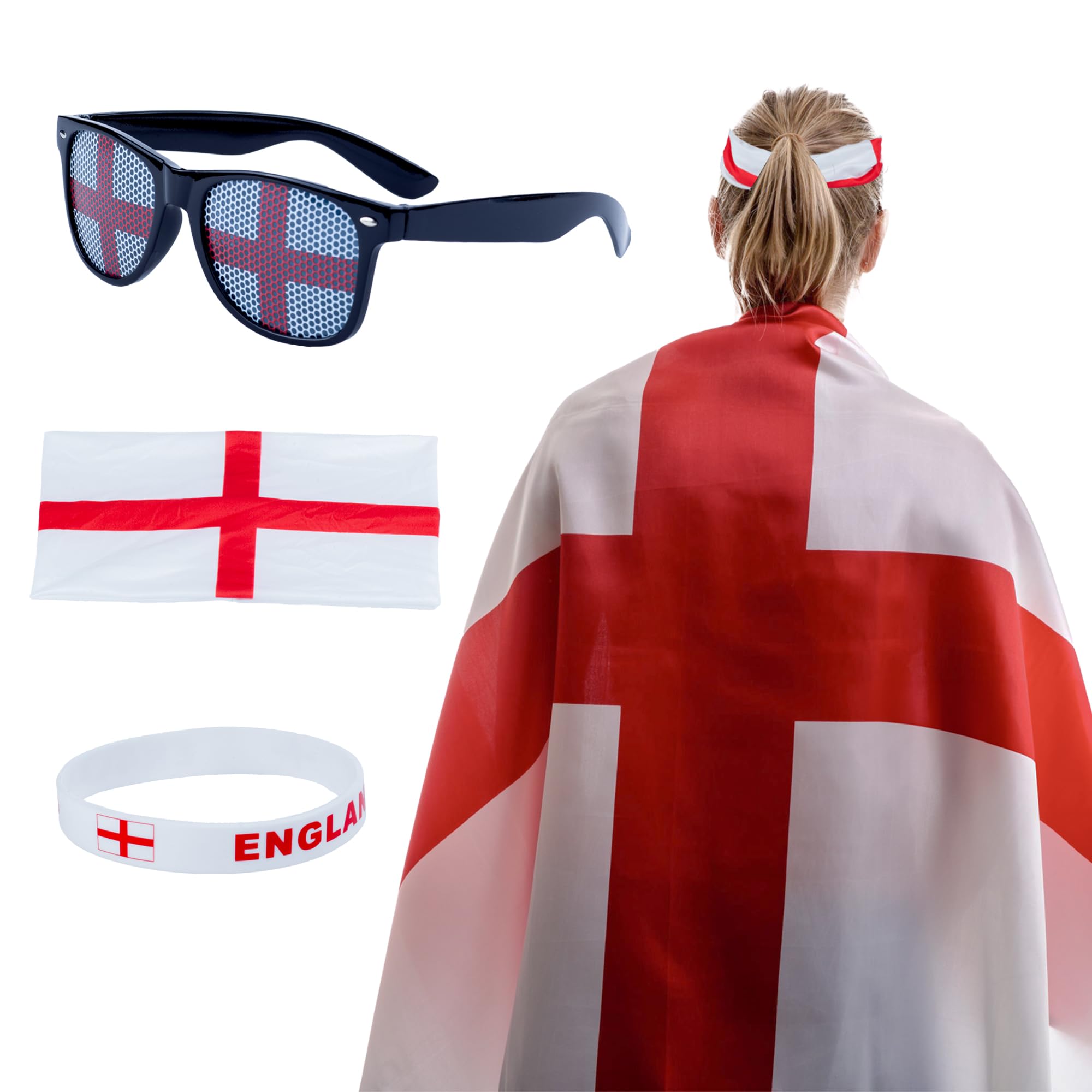England St Georges Flag Wearable Flag Cape Set, 5ft x 3ft England Flag Cape, England Silicone Wristbands, Novelty Glasses and Headband for Football Party Celebration St George's Day Street Parties