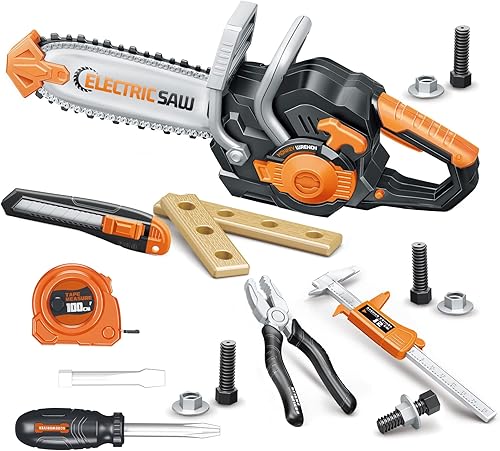 Miniatura 5 de Pairez Toys Motosierra para niños, juego de herramientas de juego de simulación, kit de herramientas para el hogar, sierra de cadena eléctrica con