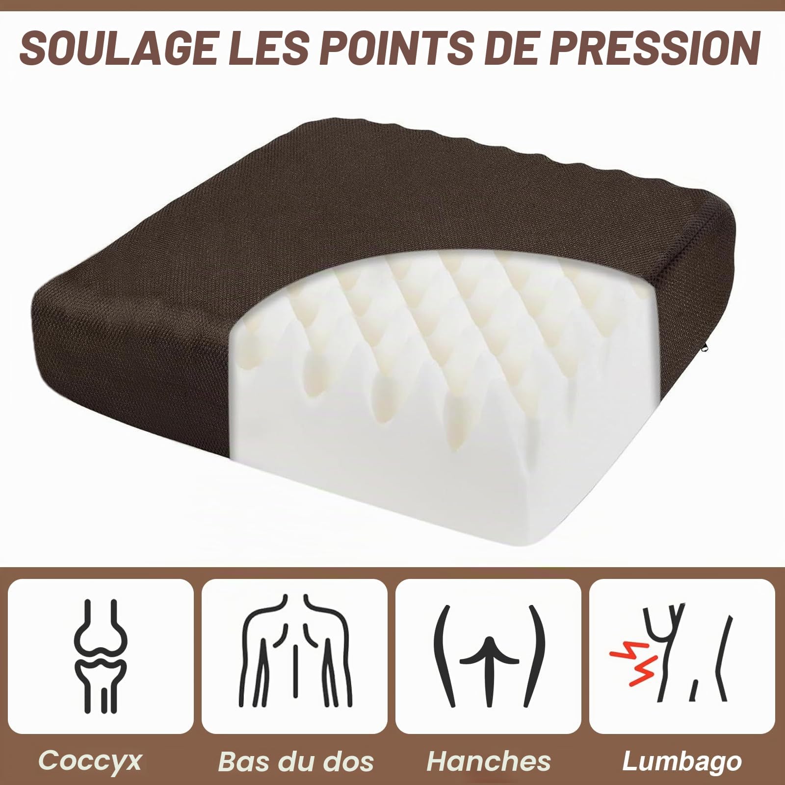 Grand Coussin Rehausseur de Siège en Mousse à Mémoire de Forme pour Chaises Longues, Canapés, Fauteuils, Coussin Épais, 51x51x12,5 cm (Couleur de café)