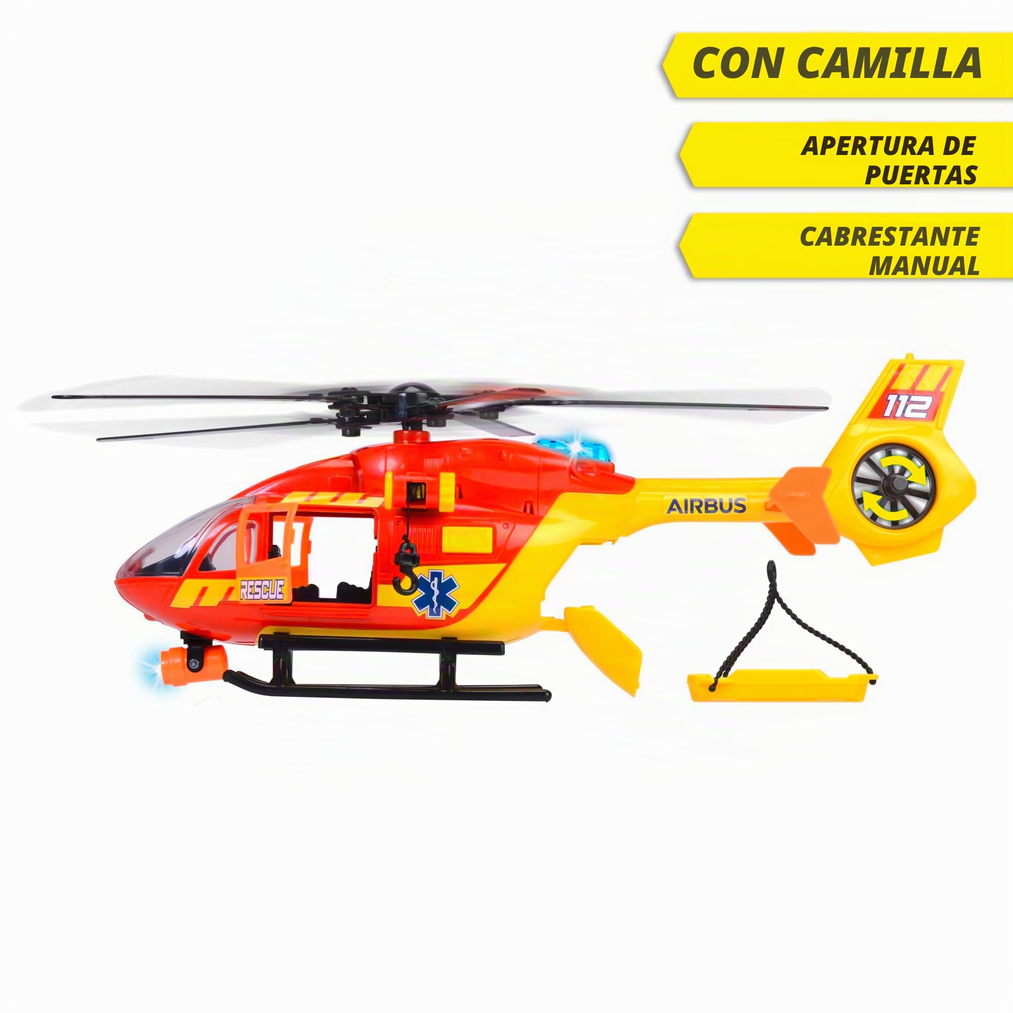 Dickie Toys - Helicóptero de Rescate Airbus H145 (36 cm) - Helicóptero de Juguete con hélice de Cuerda, luz, Sonido y Accesorios - Juguetes para niños a Partir de 3 años