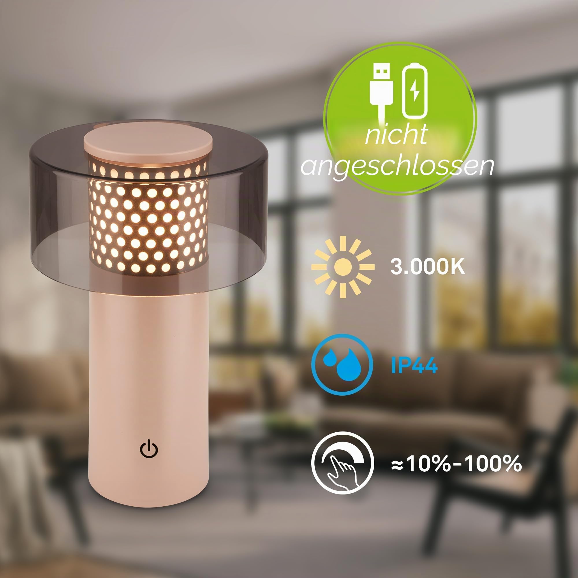 BRILONER - LED Tischlampe kabellos IP44 mit Touch, dimmbar, warmweißes Licht, Nachttischlampe, Leselampe, LED Lampe, Campinglampe, Tischleuchte, Akkulampe, Outdoor Lampe, 13x20,5 cm, Anthrazit-Beige