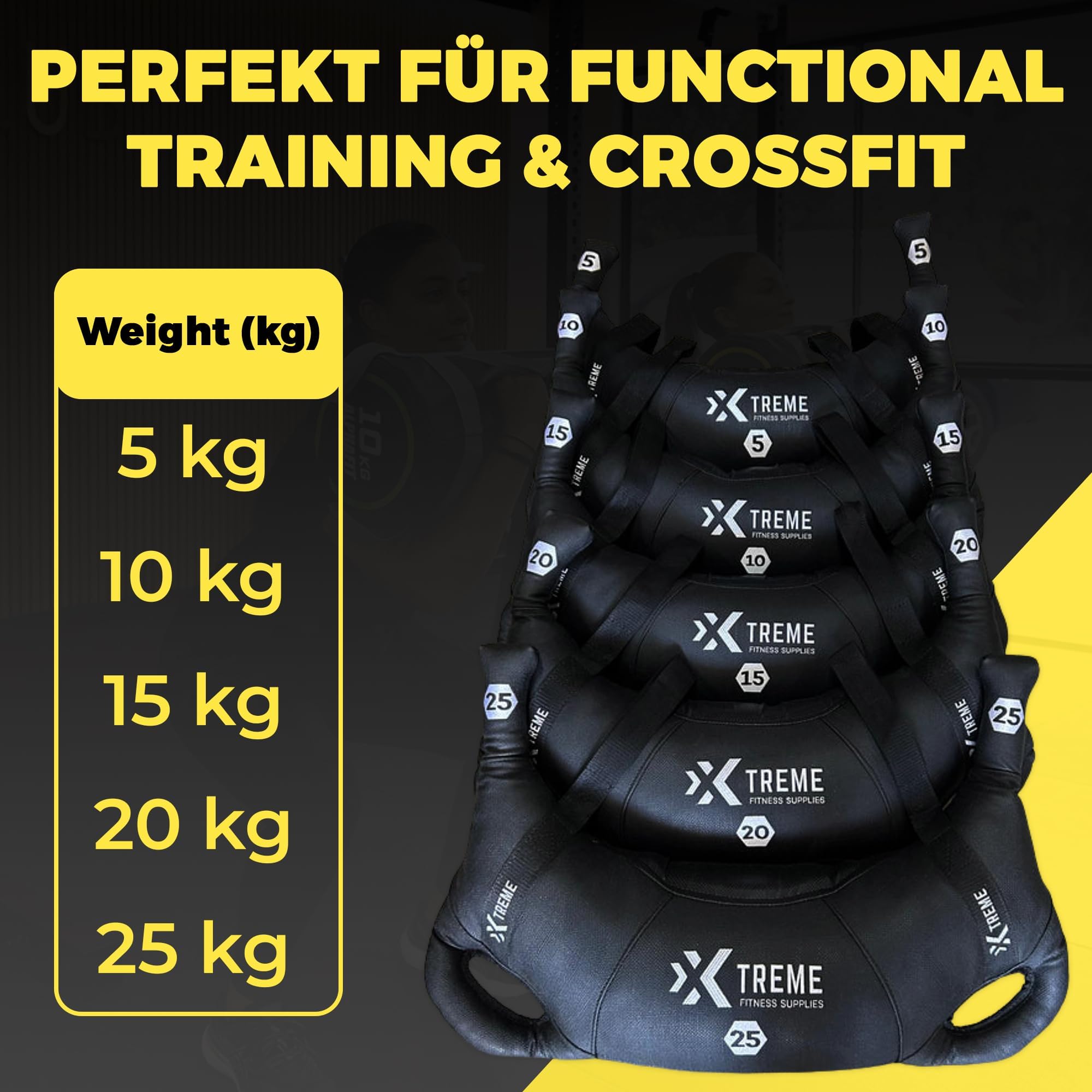 Xtreme Fitness Bulgarian Bag 5–25 kg, Robuster PU Gewichtssack mit Multi-Griffen, Vielseitiges Sports Bag für Kraft, Stabilität, Crossfit & Fitnessstudio