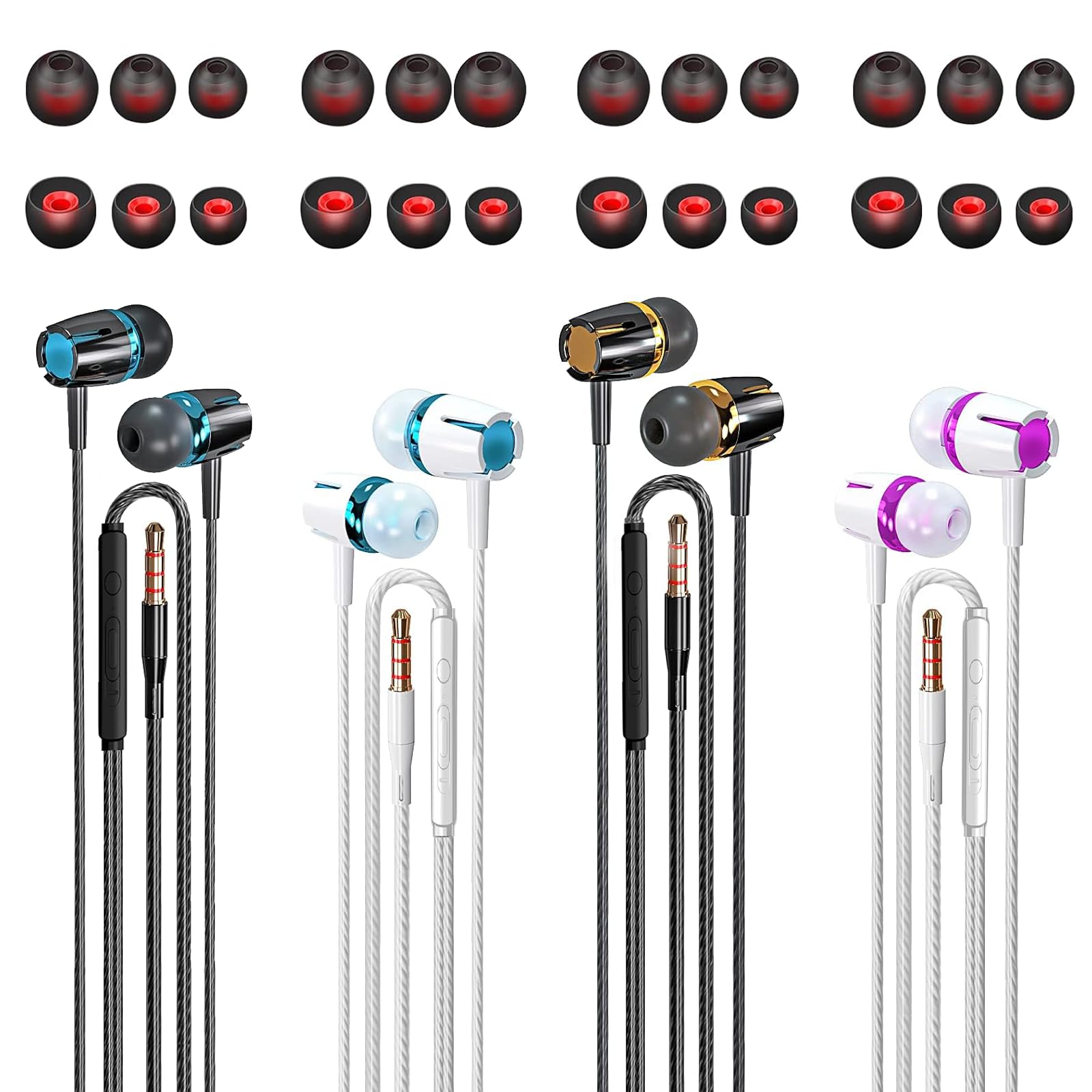 In Ear Wired Headphones,4 Packs Wired Earphones with Microphone&Volume Control and 12 works Replacement Earplugs,Noise Isolating & Deep Bass Headphones in Ear for i-Phone,i-Pad
