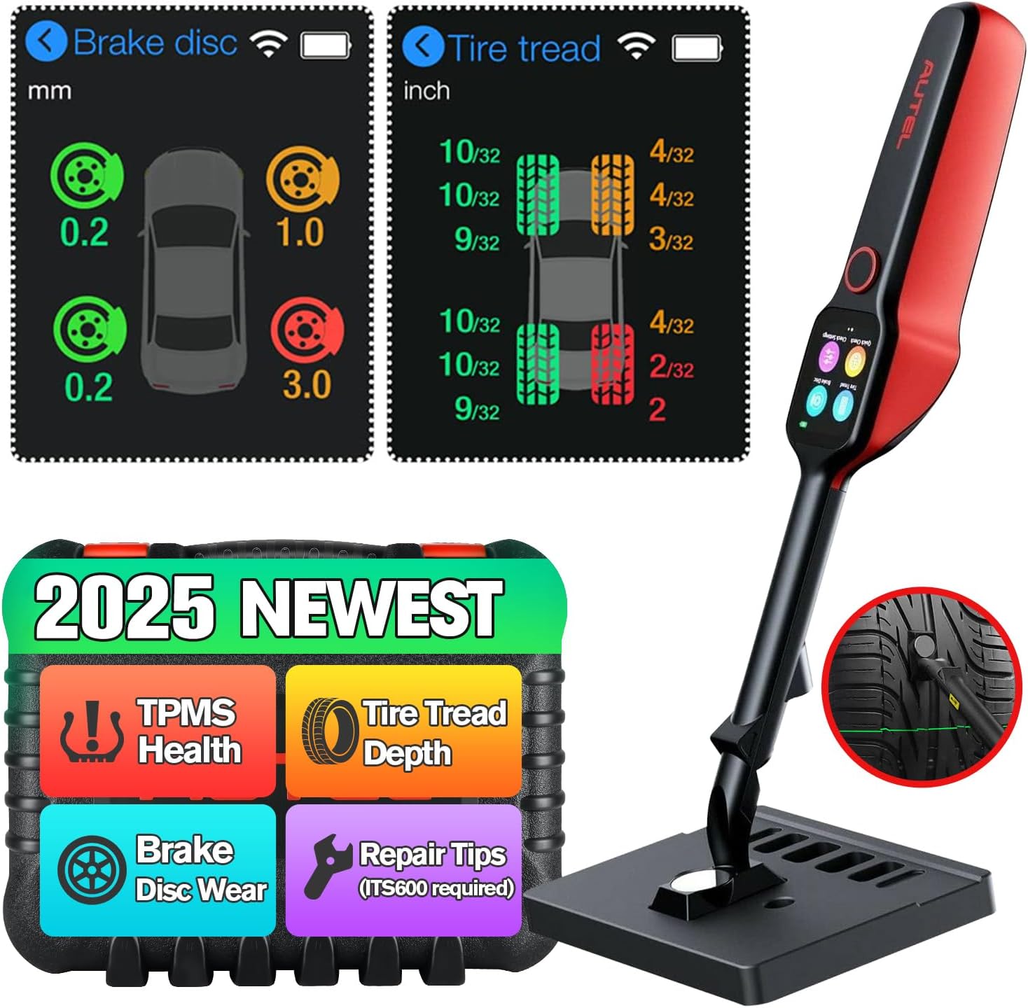 Autel Tire Brake Examiner MaxiTPMS TBE200(E): 2025 L~aser Tire Tread Depth & Brake Disc Wear Tester, 1.65” AMOLED Touchscreen, Upgrade of TBE100, Scan DOT, Dual Camera, Repair Tips Work w/ ITS600(PRO)