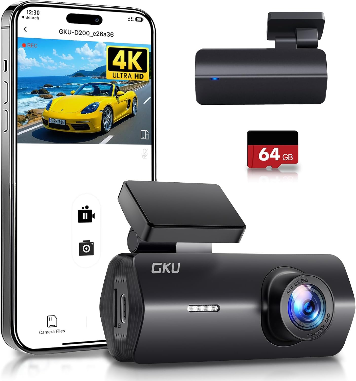GKU 4K UHD Dash Cam - Main View with 64GB SD Card