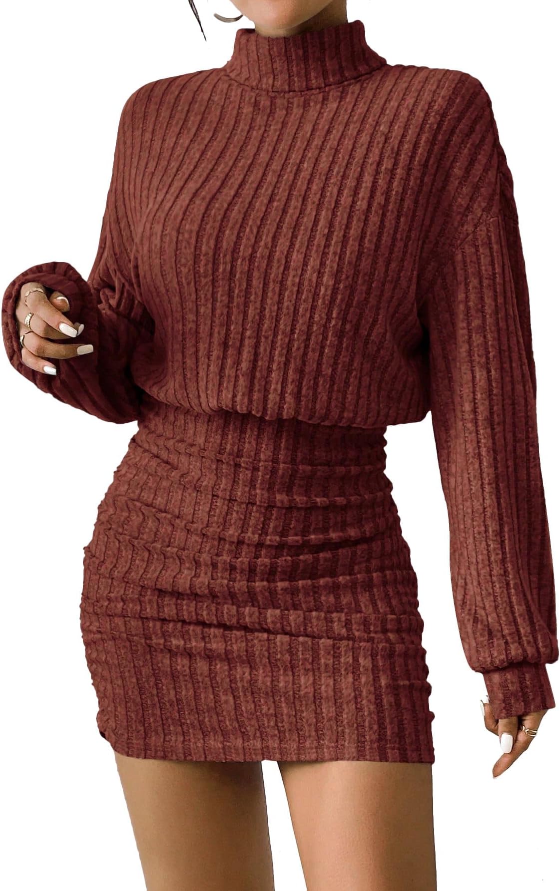 Women's Pullover Sweater Dress Long Lantern Sleeve Turtle Neck Cute Ribbed Knit Bodycon Mini Short Dress 2025 Fall