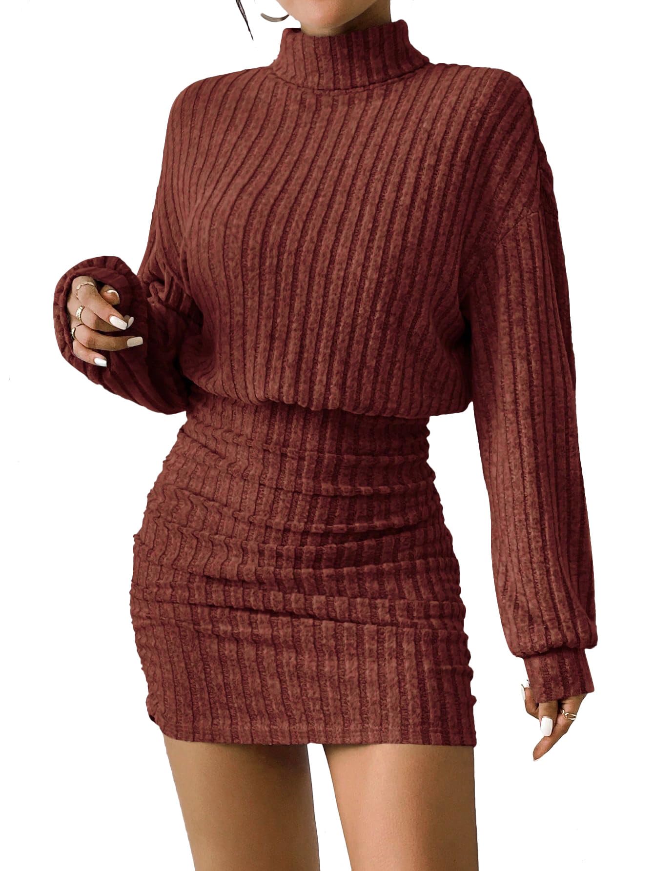 Womens Pullover Sweater Dress Long Lantern Sleeve Turtle Neck Cute Ribbed Knit Mini Short Dress 2025 Fall-Red-XL