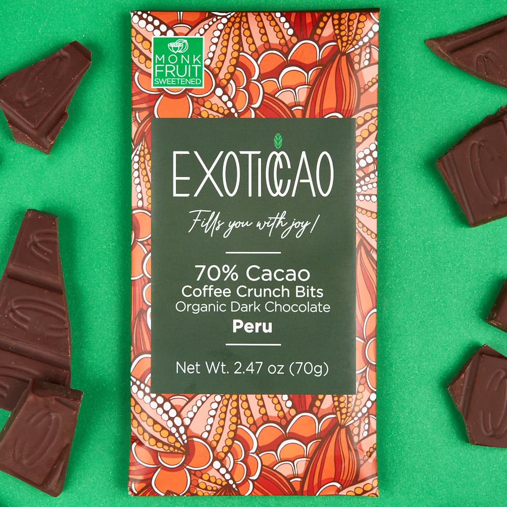 Miniatura 4 de EXOTICCAO Paquete de 4 barras de chocolate negro Crunch Bits de café  perfección endulzada con fruta de monje  Veganas, sin OMG  70% cacao  2.47