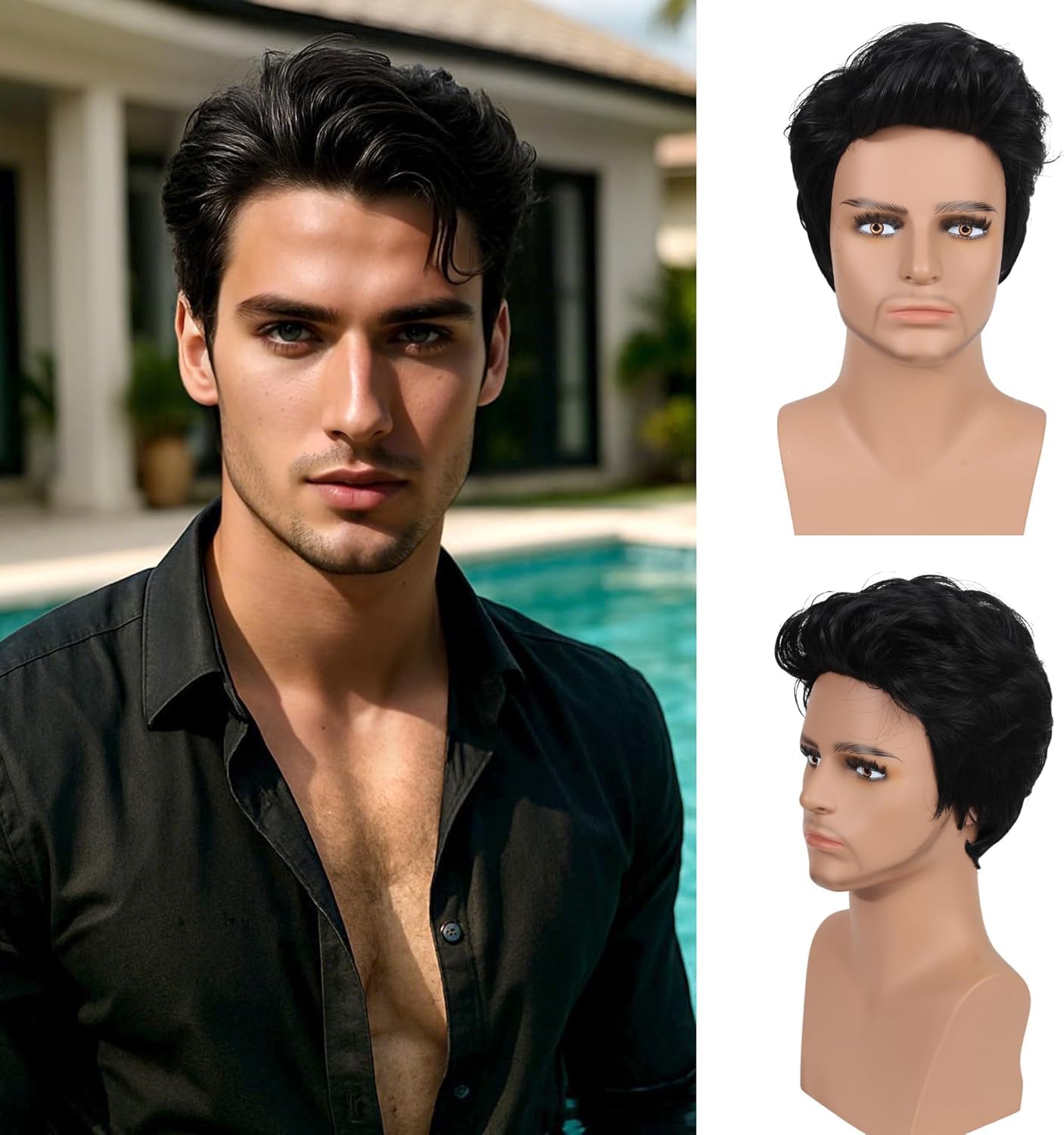 7CATS Short Black Wig for Men Layered Wavy Fluffy Hair Natural Looking Synthetic Hair Wig Slick Back Style Party Costume Daily Use Cosplay Wig, Black-image-41