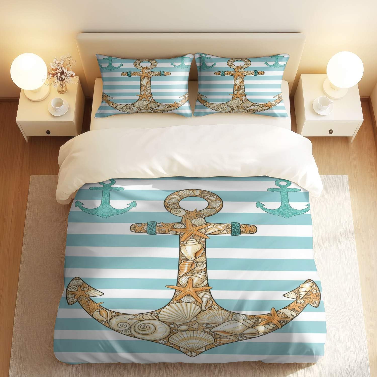 Housse de couette ancre nautique anti-plis texture 3D pour raviver une chambre terne