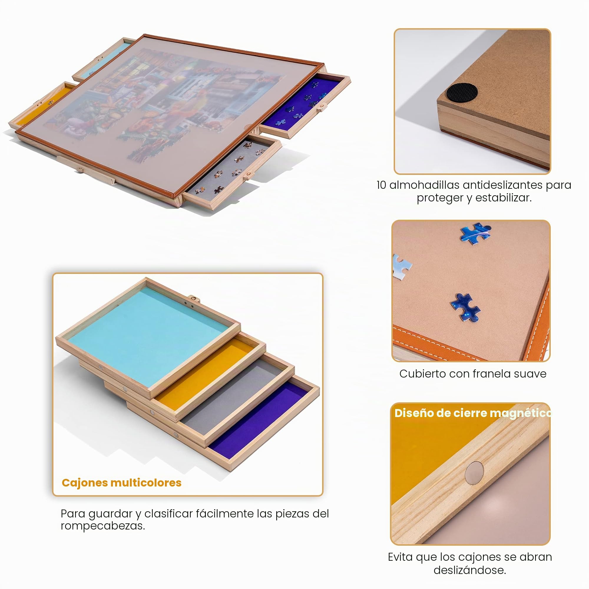 Tektalk Mesa de Rompecabezas con Barra de Cuero, Meseta de Madera portátil con Soporte Ajustable Integrado y Cubierta extraíble, 4 cajones de clasificación, para hasta 1500 Piezas