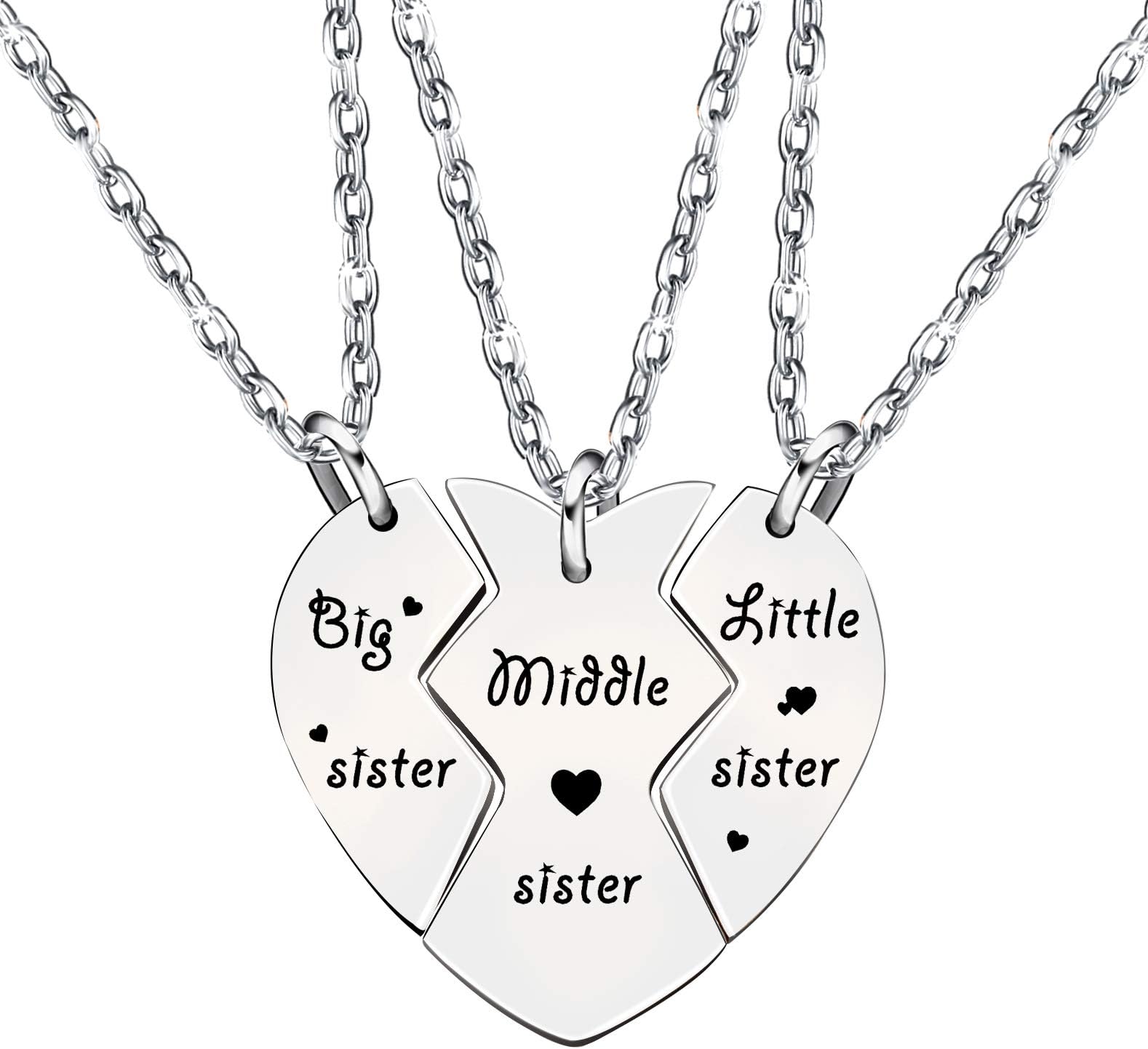 lauhonmin 3pcs Sister Necklace Set Big Sister Middle Sister Little Sister Gifts for Women Girl Christmas Stainless Steel