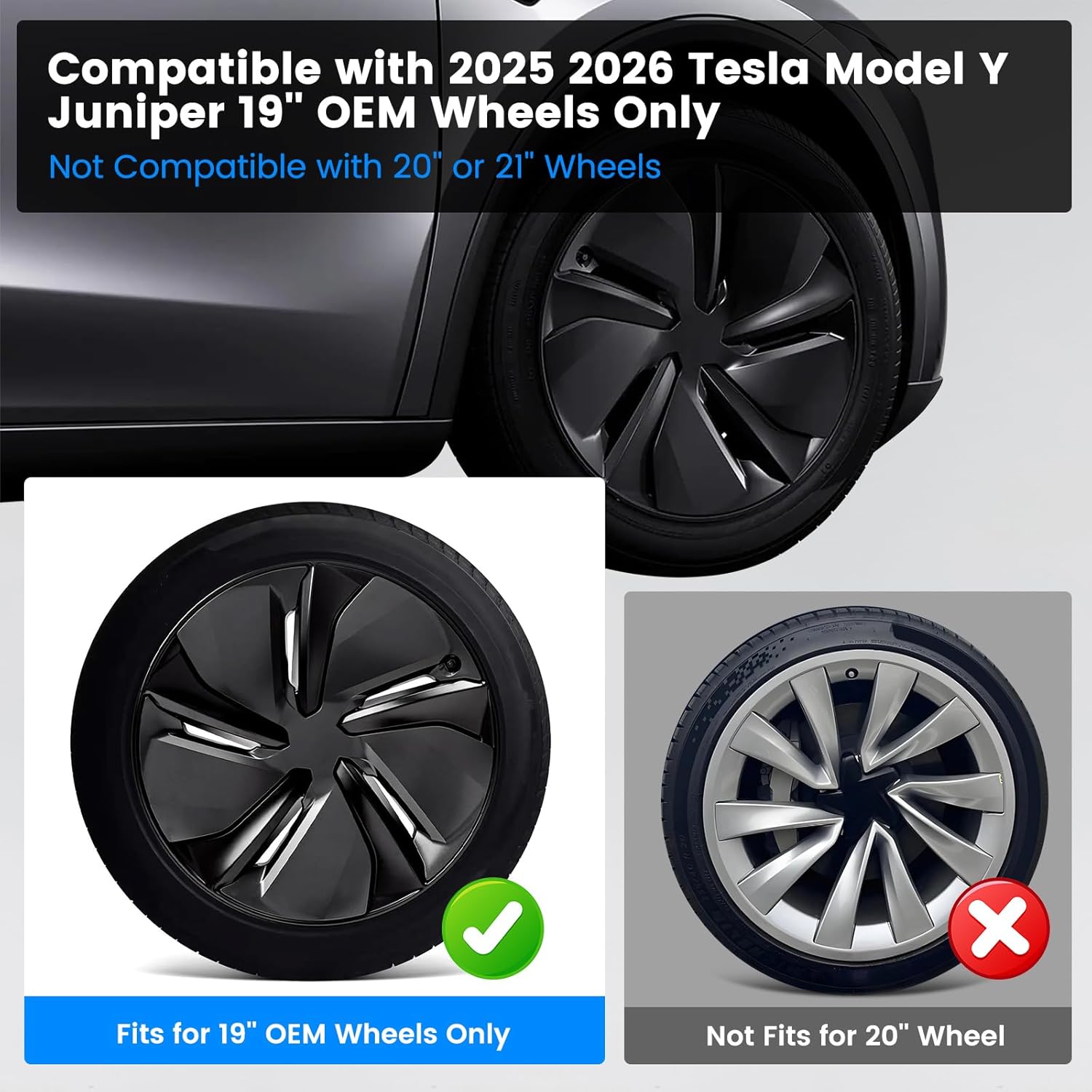 Hubcaps Fit for Tesla Model Y Juniper 2025 2026, 19" Silver + Black Wheel Covers with Center Caps, Cross-Spoke Design Rim Covers, Easy Clip-On Installation for Model Y Juniper Accessories