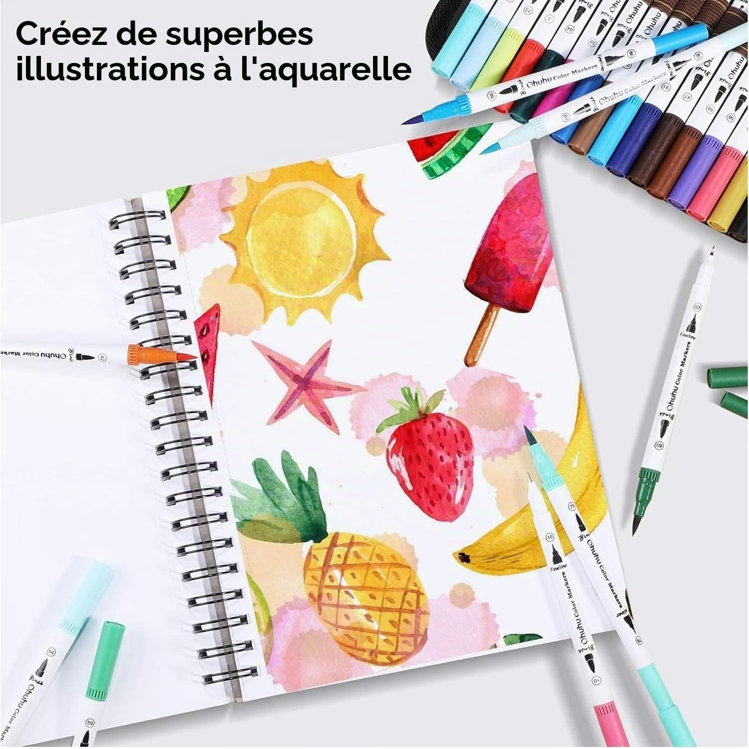 Ohuhu Feutres Coloriage Adulte Enfants, 120 Couleur Feutre Double Pointe Aquarelle Stylos Pointe Fine Pour Dessin, Manga, Doodling, Scrapbooking, Série Maui – Sac de Transport