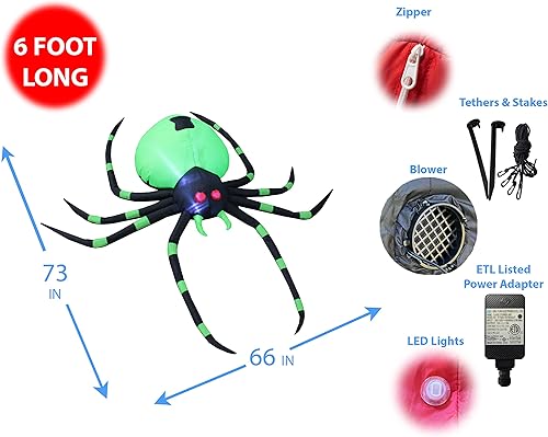 Miniatura 2 de Luces LED inflables de araña negra y verde de 6 pies de largo para decoración al aire libre e interior, decoración de patio iluminada, inflables