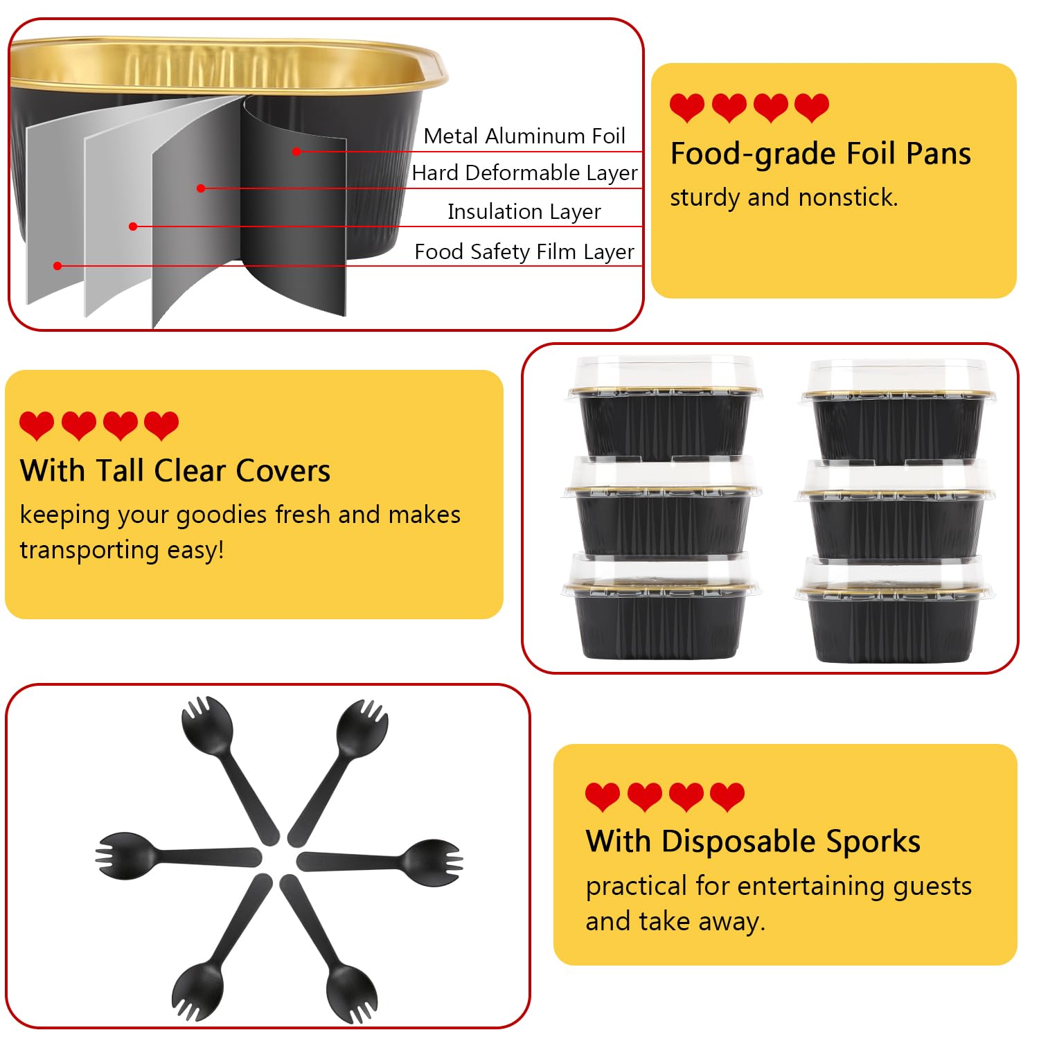LNYZQUS Paquete de 120 mini moldes para tartas de 10 onzas con tapas, moldes pequeños de aluminio para hornear brownies, moldes desechables de 4 x 4 pulgadas, moldes para magdalenas, mini recipientes