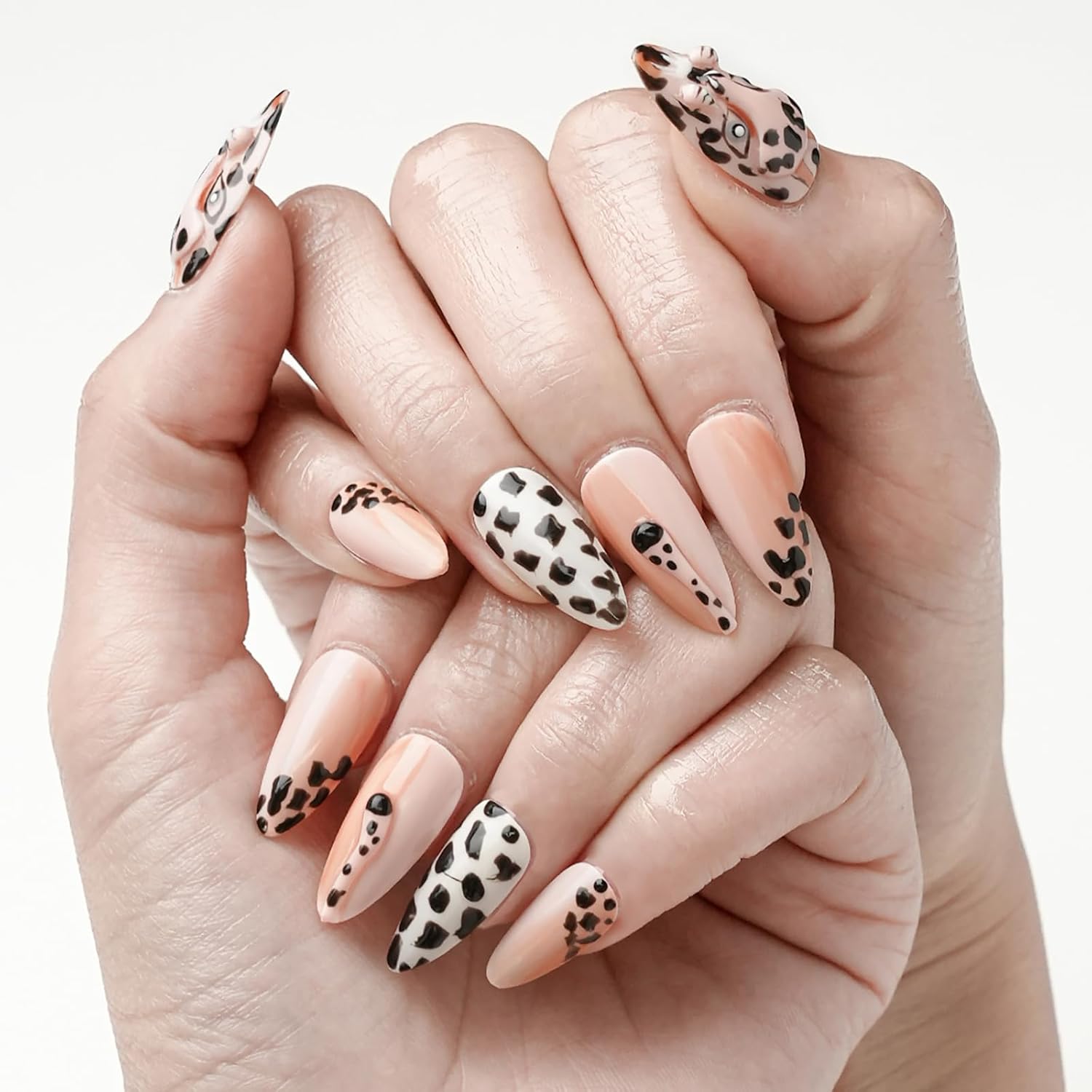 FORBELOVED NAILS,Nude Hand-pained Leopard Handmade Press On Nails,Medium Almond Glue On Nails,Charming 3D Texture Tails False Nails For Women And Girls,10Pcs/Set With Glue,(Nude-M),FOB