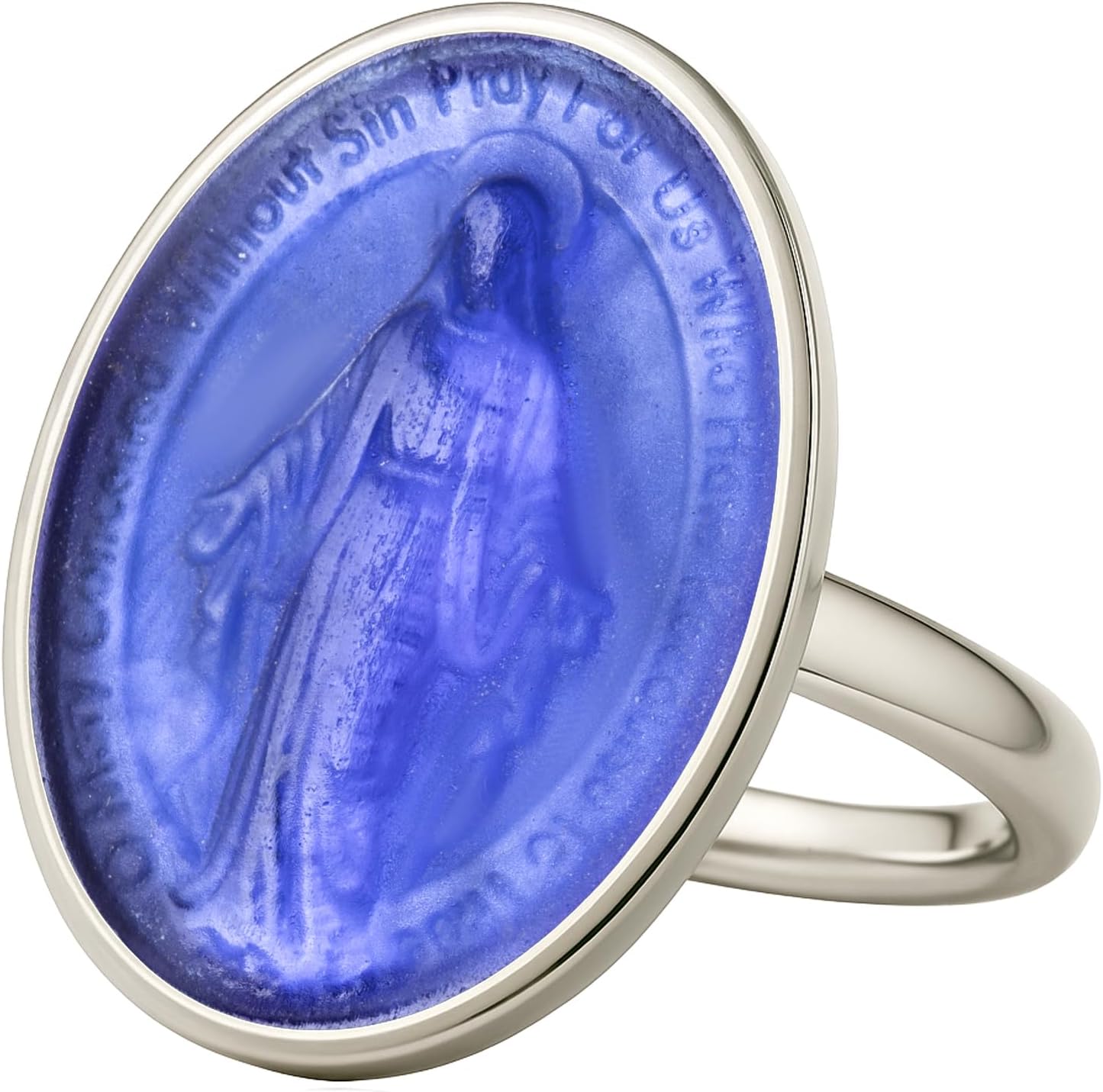 Virgin Mary Intaglio Ring in 925 Sterling Silver with Green Glass Cameo – Handmade Christian Faith Jewelry with Ancient Coin Style for Women