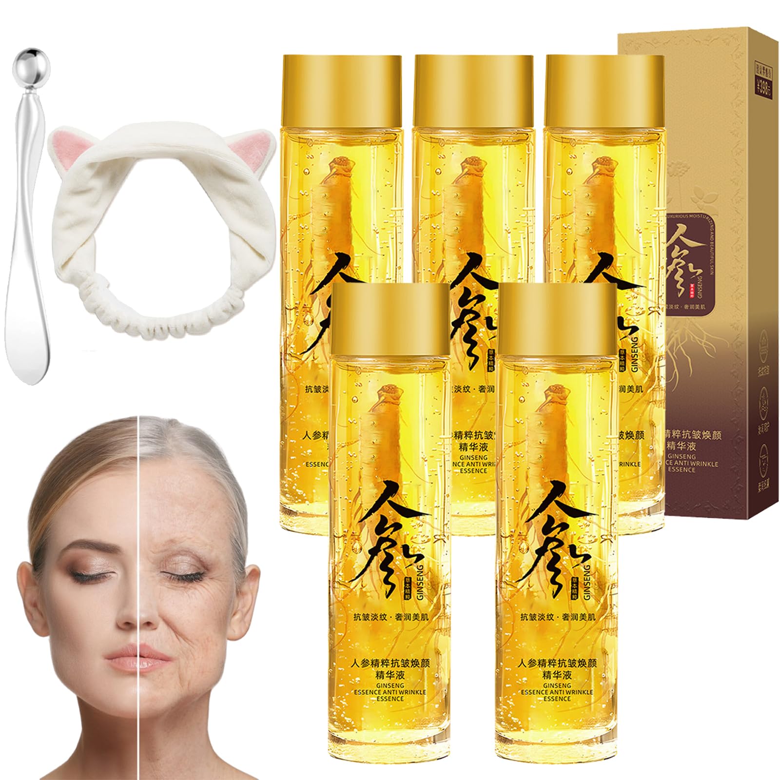 Ginseng Anti-wrinkle Serum and Cream, Ginseng Extract Liquid, Ginseng Extract Serum Oil for Tightening Sagging Skin Reduce Fine Lines (5Pcs-Serum)