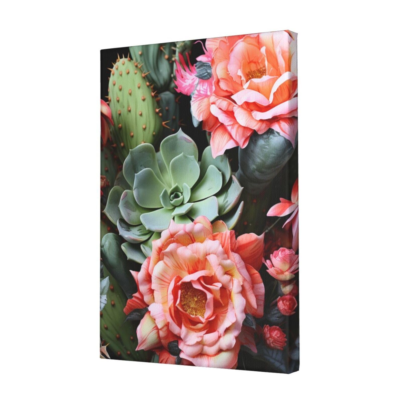 FodPand Roses Flowers and Cactus Canvas Wall Art for Living Room Wall Decor 12"x18" Modern Artwork Painting Pictures Hanging Canvas Prints Aesthetic Wall Art for Bedroom Bathroom Office Wallart Decor