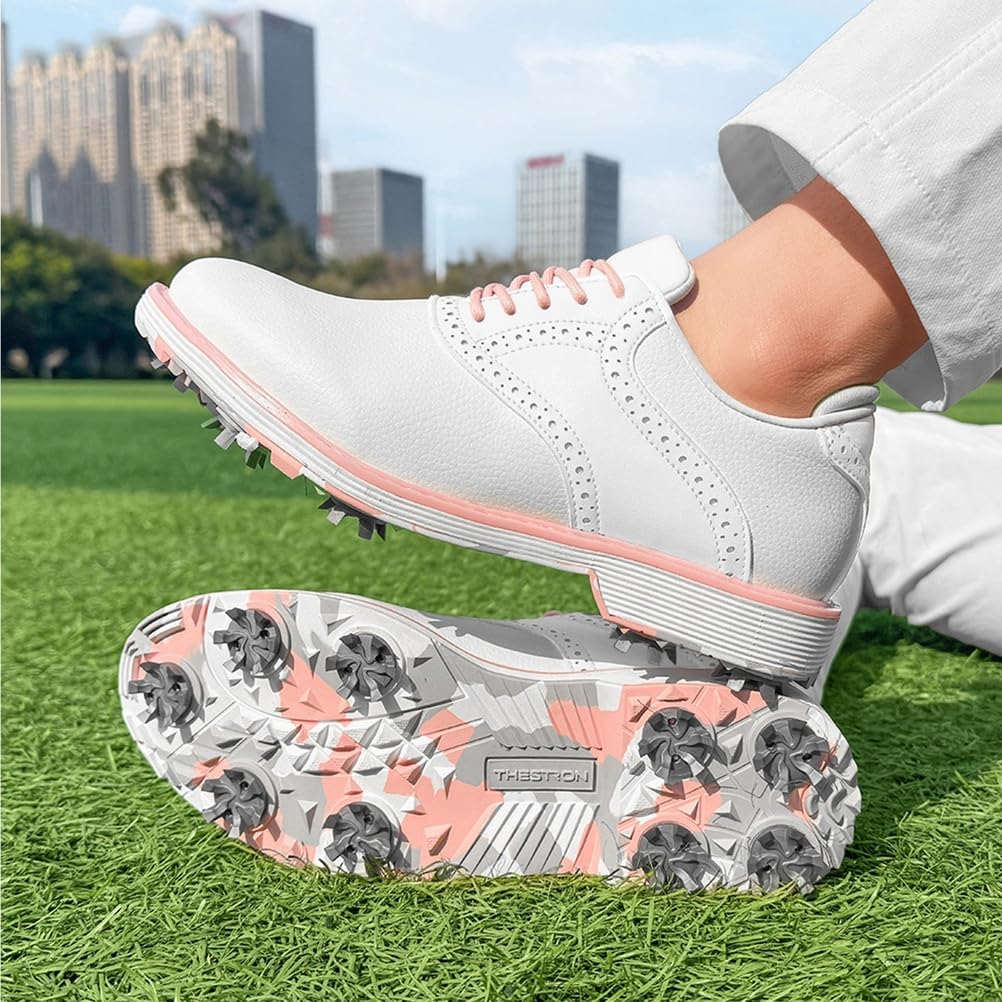 SDEQA Chaussures de Golf imperméables pour Femmes avec 9 Crampons, Baskets de Golf en Cuir pour golfeuses, Taille Plus