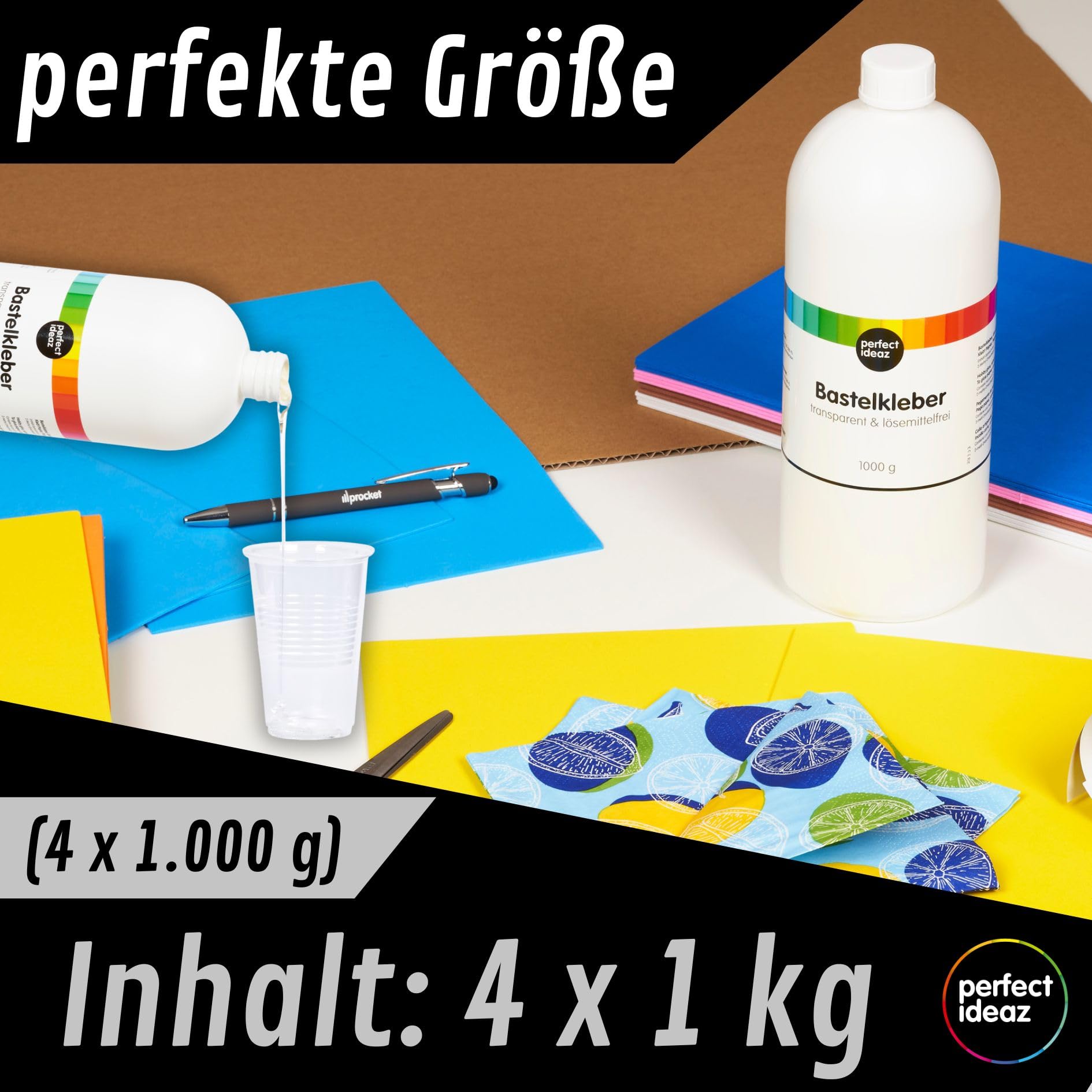 perfect ideaz - 4 x 1000 g (4 x 1 kg) de colle pour bricolage, colle transparente, sans solvant, lavable, liquide, claire, soluble dans l’eau, à séchage rapide, colle scolaire pour bricolage