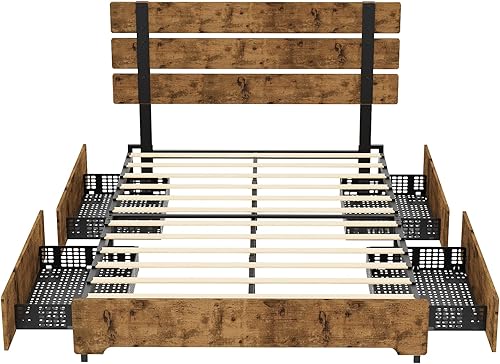 Miniatura 7 de Base de cama matrimonial con 4 cajones de almacenamiento, cabecera de madera rústica y plataforma de estribo con listones de madera fuertes y