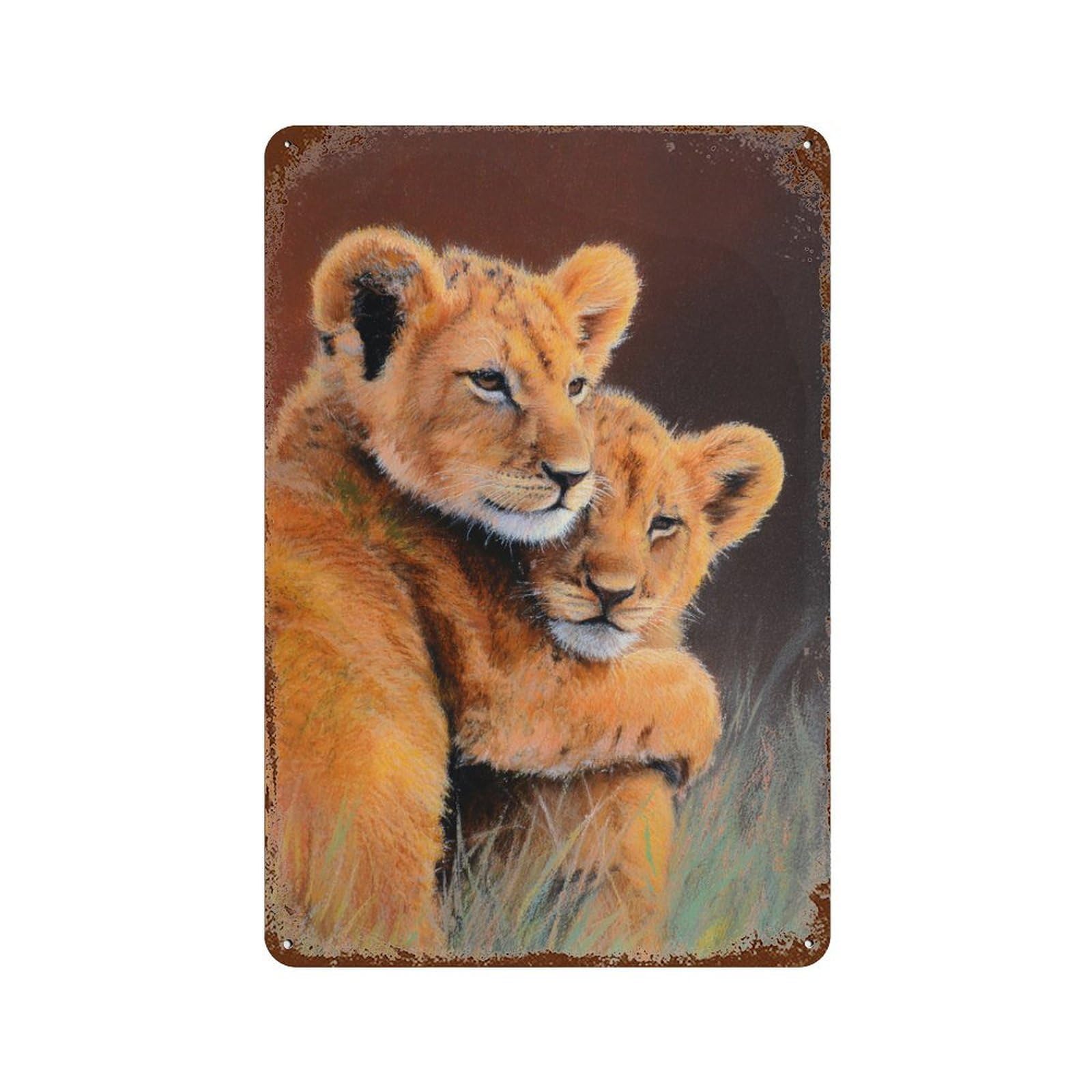Rust Effect Adorable Lion Cubs Weathered Tin Sign 11.8"x7.9", Farmhouse Wall Decor for Farmhouse, Kitchen And Entryway Decor